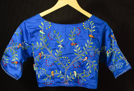 Blue Embroidered Patchwork Glass Sleeves Blouse