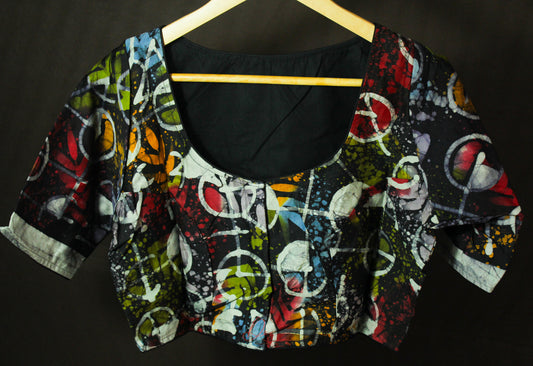 Black Hand Batik Geometric Glass Sleeves Blouse