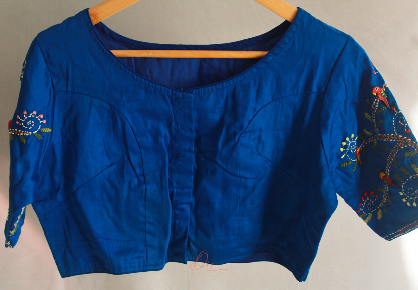 Blue Embroidered Patchwork Glass Sleeves Blouse