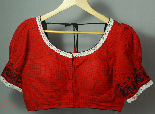 Red and Black Jamdani Puff Sleeves Blouse