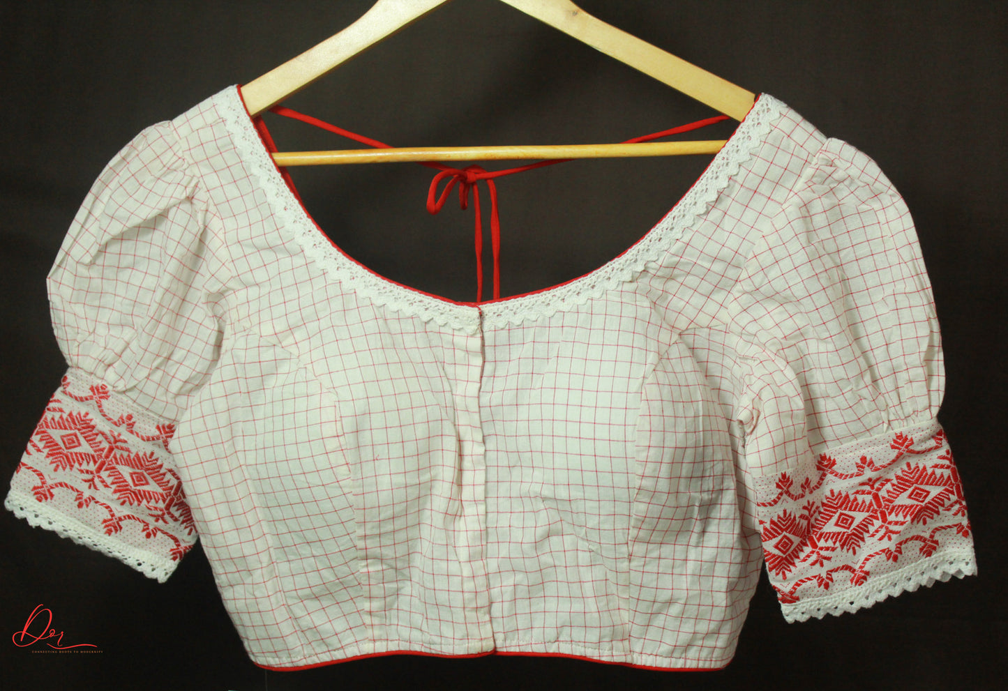 White and Red Jamdani Puffed Glass Sleeves Blouse