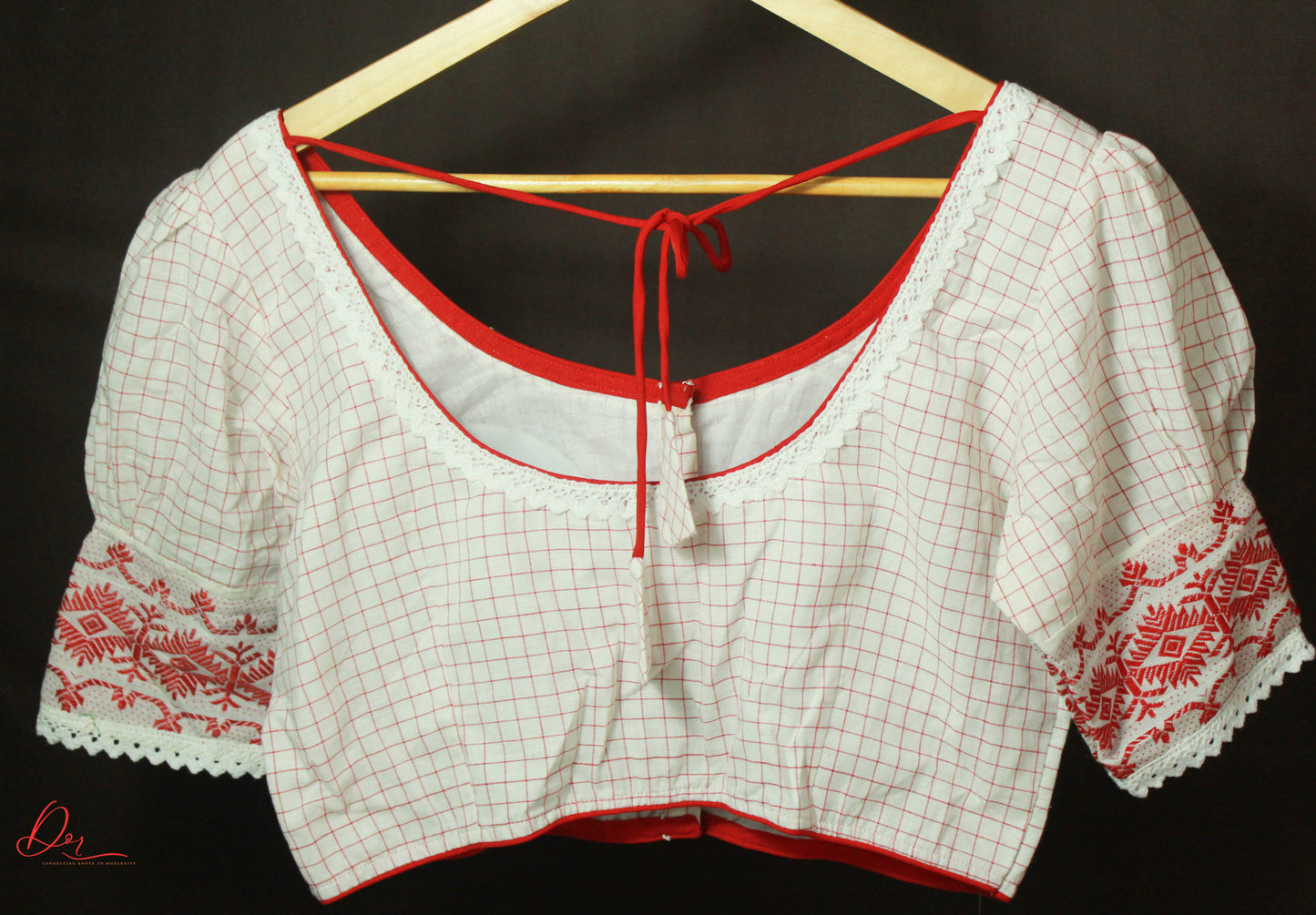 White and Red Jamdani Puffed Glass Sleeves Blouse