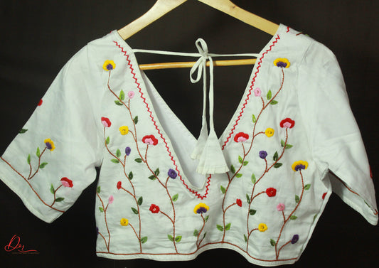 Cream Embroidered Sequinned Glass Sleeves Blouse